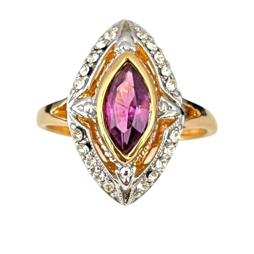 Vintage 1970s Ring Size 6 Art Deco Revival Purple Crystal 18K Gold Plate - 14F
